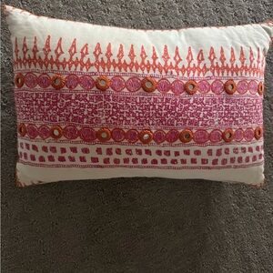 John Robshaw White Pillow with Pink and Orange Embroidery